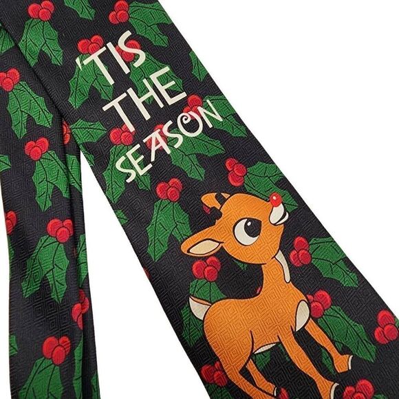 Rudolph Reindeer Men Accessories, 'Tis The Season Holly Berry Holiday Xmas Tie - Picture 4 of 5